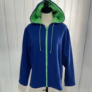 Quacker Factory full-zip hooded sweatshirt with rhinestone embellishments Large